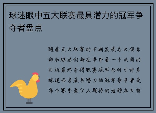 球迷眼中五大联赛最具潜力的冠军争夺者盘点
